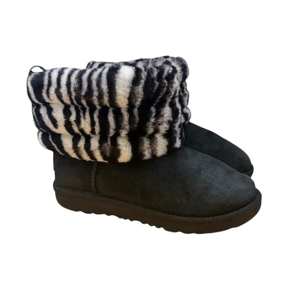 UGG Big Kids Sz 2 Fluff Mini Quilted Zebra Black White Suede Fur Boots
